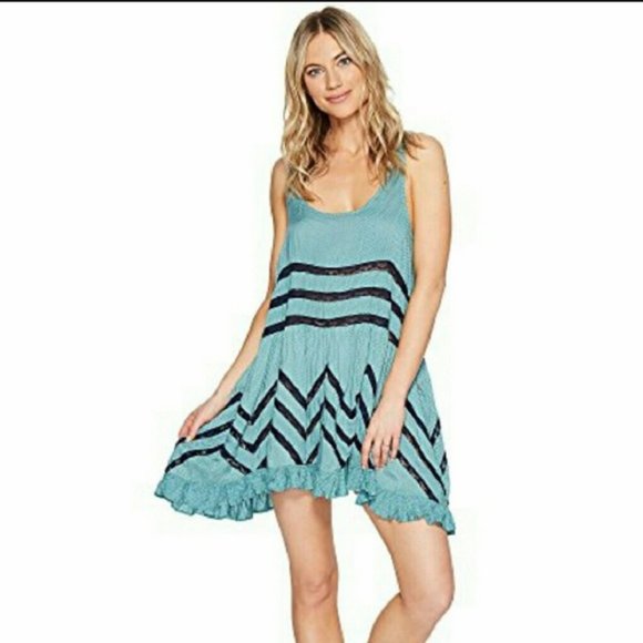 Free People Dresses & Skirts - Host Pick Free People Voile & Lace Trapeze Slip Dusty Jade Navy Dots Size Small
